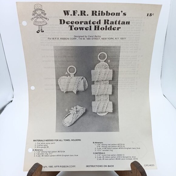 Vintage Ribbon Craft Pattern, Decorated Rattan Towel Holde, WFR 1980 - Picture 1 of 1